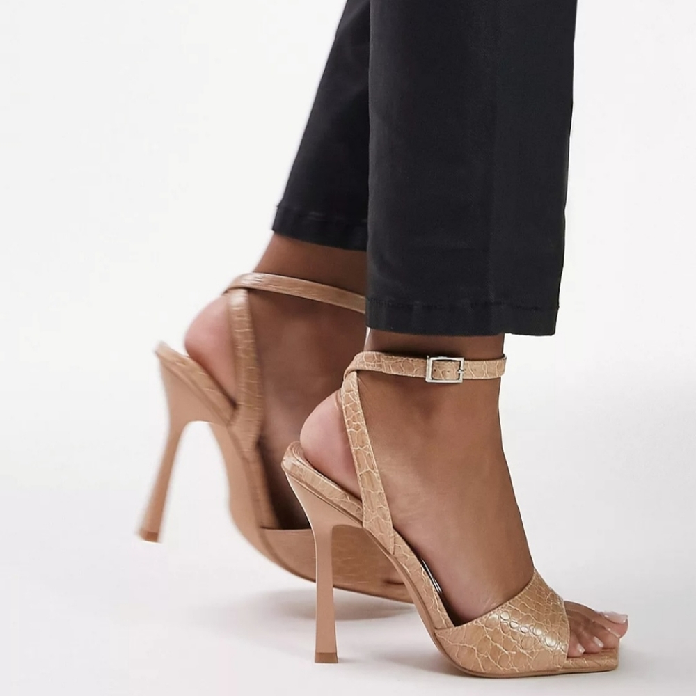 Topshop Women's Faux-Croc Rita Two Part Sandals Heels Camel Beige Size 9.5 NEW